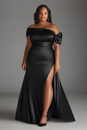 Black Off The Shoulder Satin Plus Size Formal Dress